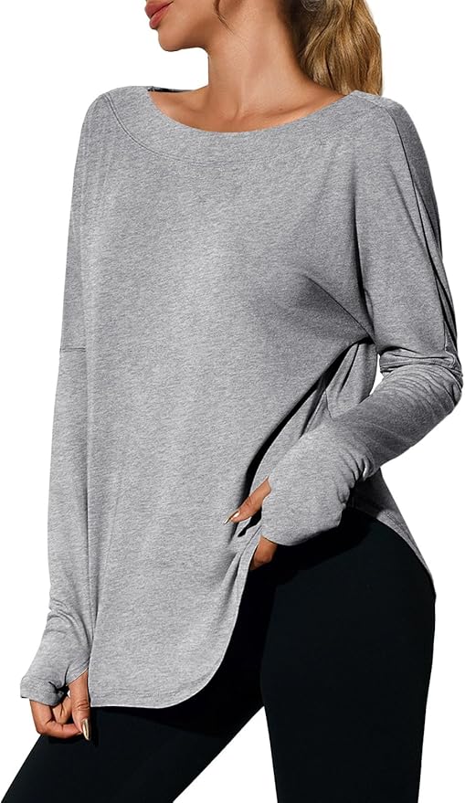 Tankaneo Womens Open Back Workout Shirts Casual Long Sleeve Boat Neck Tops Athletic Gym Yoga Tees with Thumb Holes