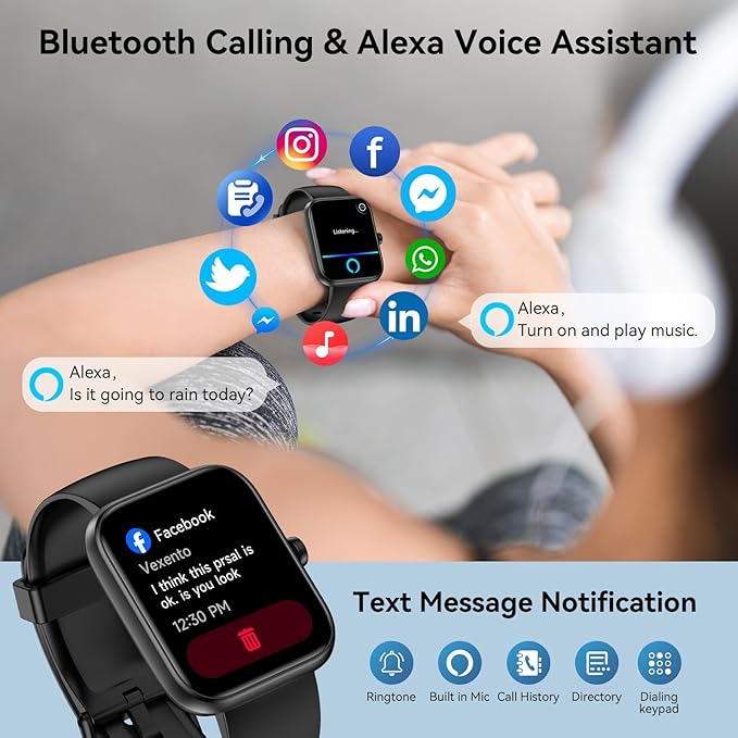 Smart Watch with Alexa Built-in, 1.83" HD Touchscreen & Fitness Tracker with Message Call Function, 24/7 Heart Rate/Sleep Monitor, 120+ Sport Modes, IP68 Waterproof, for Android iPhone (Black)