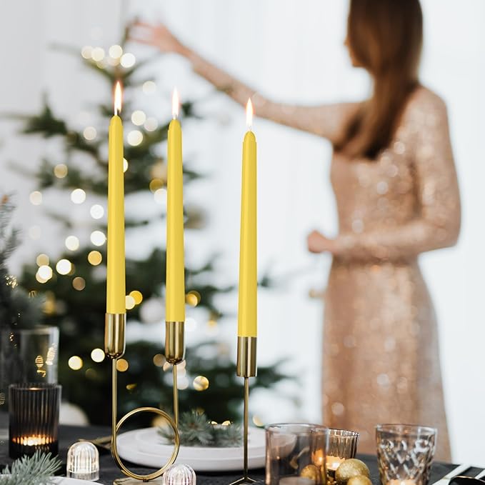30 Pack Yellow Taper Candles - Taper Candles 10 Inch Dripless, Smokeless & Unscented - 8 Hours Long Burning - Ideal for Weddings, Dinner Parties, and Home Decor