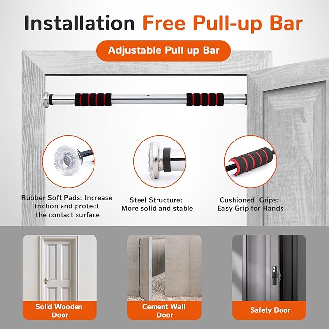Pull Up Bar for Doorway 23.6in Adjustable Door Mounted Heavy Duty Steel Body Workout Chin Up for Home Exercise Fitness(Red)