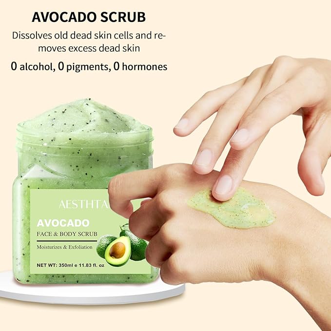 O'KADY Avocado Face & Body Scrub - 11.8 fl oz (350ml) - Gentle Exfoliating with Rice Powder & Olive Oil - Hydrating Formula for Smooth Skin - Fragrance-Free