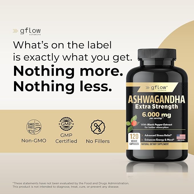 Ashwagandha Supplements for Women and Men 6000mg | Sleep, Mood and Energy Support | Extra Strength, Vegan Friendly, Non-GMO, Made in USA