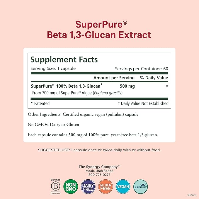 PURE SYNERGY SuperPure Beta 1,3-Glucan Extract | 500 mg Beta 1,3-Glucan Supplement from Algae | Yeast-Free, Non-GMO, Standardized Extract | Supports Immune Health & Digestion (60 Capsules)