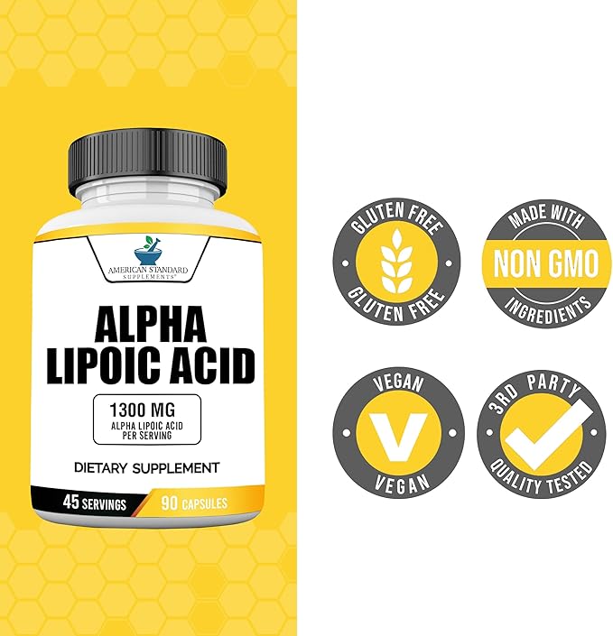 American Standard Supplements Alpha Lipoic Acid 1300mg Per Serving - Vegan, Gluten Free, Non-GMO, 90 Capsules, 45 Servings (Pack of 2)
