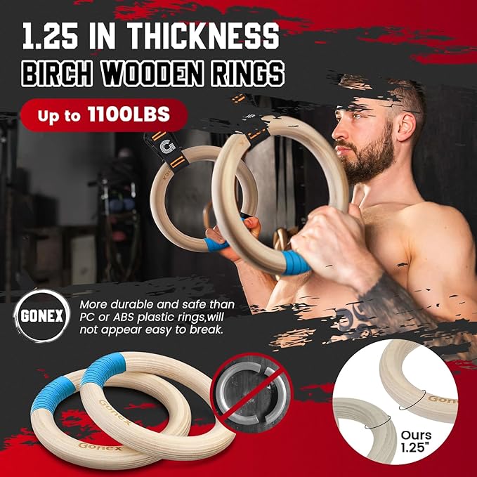 Gonex Wooden Gymnastic Rings with Adjustable Number Straps, Olympic Rings for Gym, Workout, Exercise, Outdoor Training, Quick Install Carabiner, 8.5 ft Straps Pull Up Non-Slip Rings
