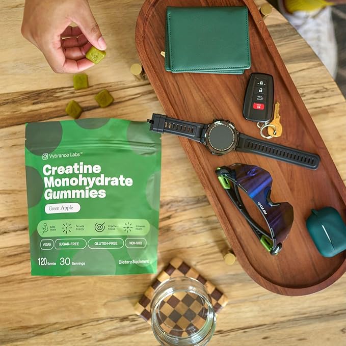 Creatine Gummies 5g Monohydrate + Taurine & B12 - Sugar-Free, Vegan, Gluten-Free - Green Apple - 120 Count (30 Servings) for Strength, Energy & Focus