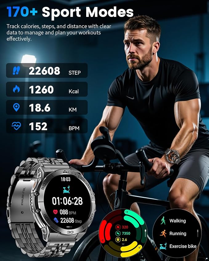 Military Smart Watch for Men with LED Flashlight, 1.60″ AMOLED Always-On Display, 600mAh (5–10 Days), Bluetooth Call, IP68 Waterproof, Heart Rate/Sleep/SpO₂, 170+ Sports Modes, for Android iPhone