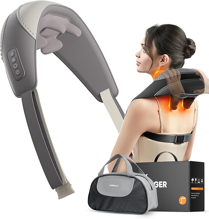 Shiatsu Neck and Shoulder Massager With Heat for Pain Relief, Deep Tissue Back Massager, Portable for Neck and Back, Gifts for Men and Women (Grey With Leather Handbag)