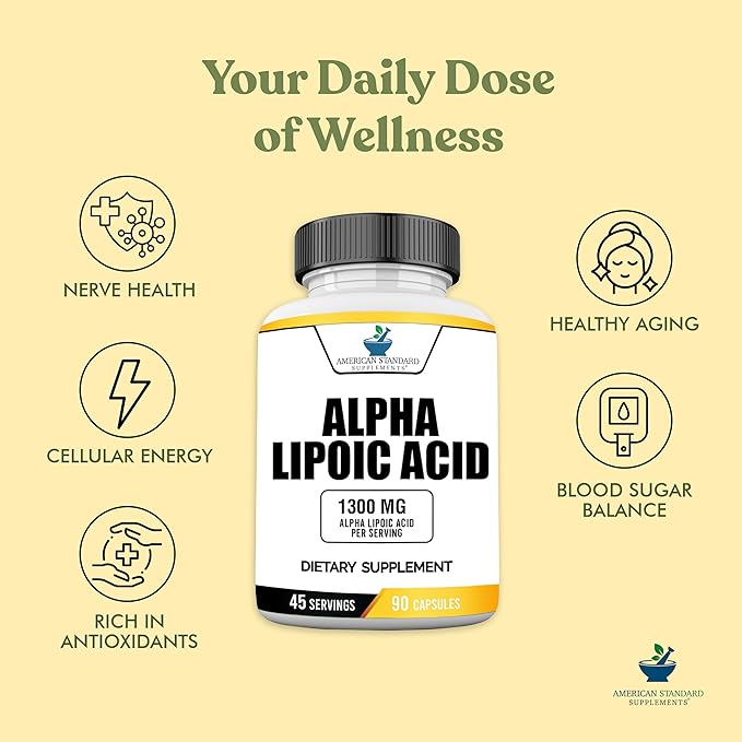 American Standard Supplements Alpha Lipoic Acid 1300mg Per Serving - Vegan, Gluten Free, Non-GMO, 90 Capsules, 45 Servings (Pack of 2)