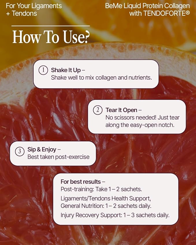 BeMe Tendon and Ligament Supplements - 5,000mg TENDOFORTE Collagen Peptides for Tendon Repair Supplement and Ligament Repair - 15 Liquid Grapefruit Sachets
