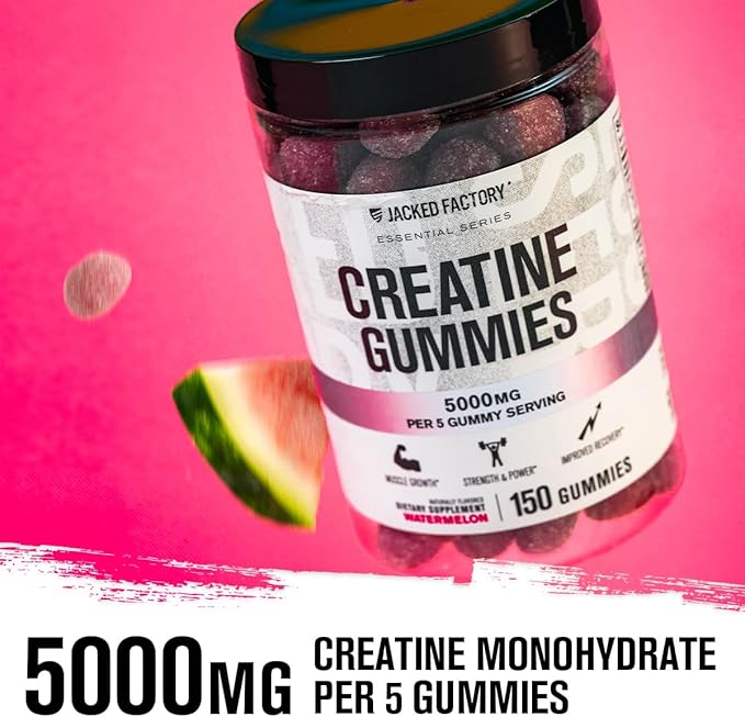 Jacked Factory Creatine Monohydrate Gummies 5g Daily Dose (1g per Gummy) - Creatine Gummy for Men and Women, Vegan-Friendly, Travel-Friendly, Third-Party Tested - 150 Gummies, Watermelon