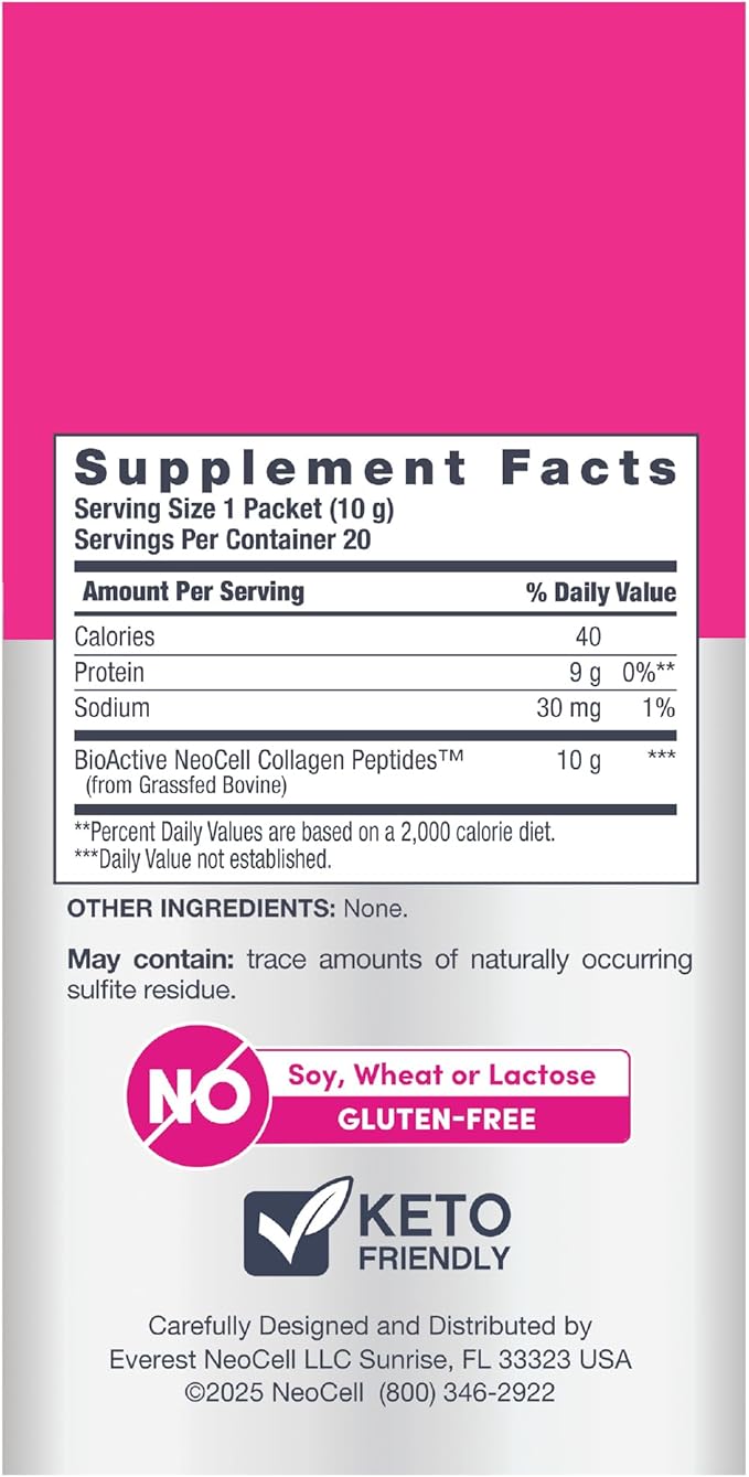 NeoCell Super Collagen Peptides, 10 g Collagen/Single-Serve Packet; Keto Certified, Gluten Free; for Healthy Skin, Hair, Nails and Joint Support;* Unflavored Powder, 20 Servs, 7 Oz.