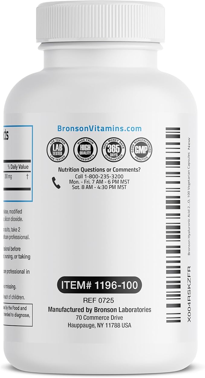 Bronson Hyaluronic Acid 200 MG High Potency Joint Health & Healthy Skin Support, Non-GMO, 100 Vegetarian Capsules