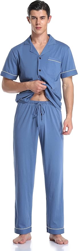 COLORFULLEAF Men's 100% Cotton Pajamas Set Button Down Sleepwear Short Sleeve and Long Pants Pjs