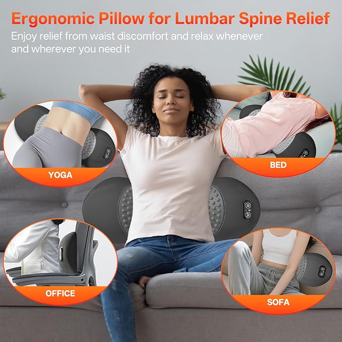 3-in-1 Electric Lumbar Support Pillow for Bed and Chair, Smooth Spine Triple Fusion Back Massager with Heated, Vibration and Traction for Lower Back Pain Relief and Spine Support