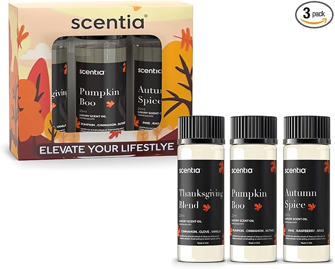 Scentia Fall Essential Oils for Diffuser with 3 Cozy Scents: Autumn Spice, Thanksgiving Blend & Pumpkin Boo - 20ml Aromatherapy Oils for Home, Candles & DIY - Perfect Fall Gift