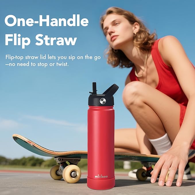 Insulated Stainless Steel Water Bottle with Straw, Ceramic-Lined, BPA-Free & Leak-Proof, 24 oz, Red