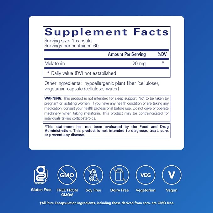 Pure Encapsulations Melatonin 20 mg - Not Intended for Sleep Support - for Immune System & Healthy Cells - 99.5% Purity Melatonin - Gluten Free & Non-GMO - 60 Capsules