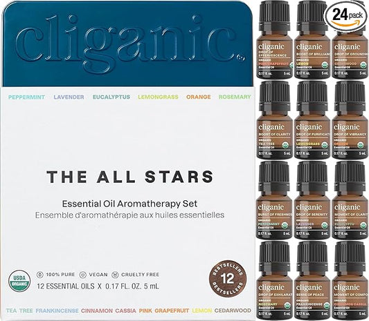 Cliganic Organic Essential Oils Set (Top 12, Pack of 2) - 100% Pure - Peppermint, Lavender, Eucalyptus, Tea Tree, Lemongrass, Rosemary, Frankincense, Orange, Lemon, Cassia, Cedarwood & Grapefruit