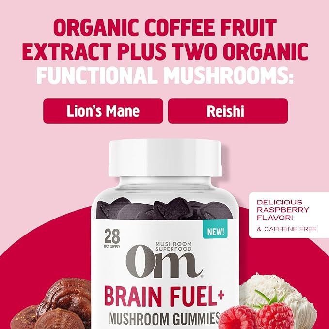 OM MUSHROOM SUPERFOOD Organic Mushroom Gummies – Functional Adaptogen Supplements for Immune Health, Energy, Gut Support & Stress Relief - Lion’s Mane Blend – Brain Fuel – Raspberry Flavor | 56 Count