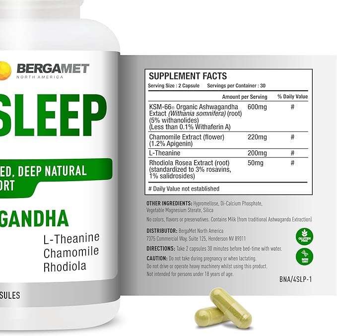 BergaMet 4 Sleep Support Formula with Ashwagandha KSM-66, Rhodiola, Chamomile Extract & L-Theanine โ Natural Aid for Restful Nights and Stress Relief with no Melatonin โ 60 Capsules