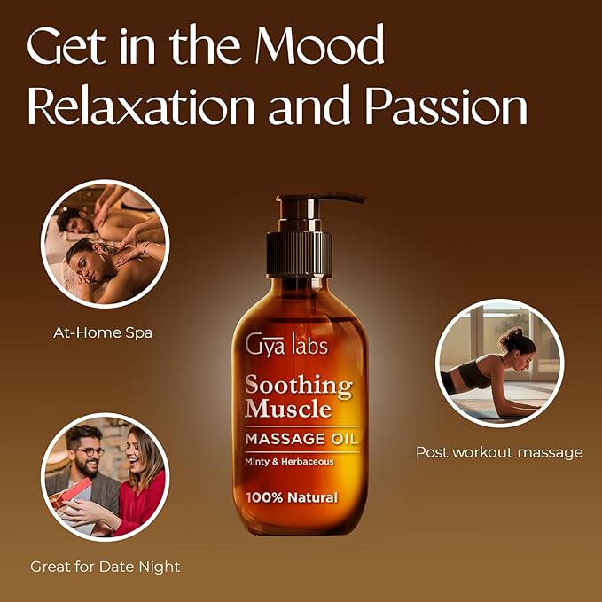Gya Labs Soothing Massage Oil for Sore Muscles - 6.76 Fl Oz - 100% Pure Natural Spa Quality for All Skin Types - Peppermint & Cinnamon Sore Muscle Massage Oil for Men & Women