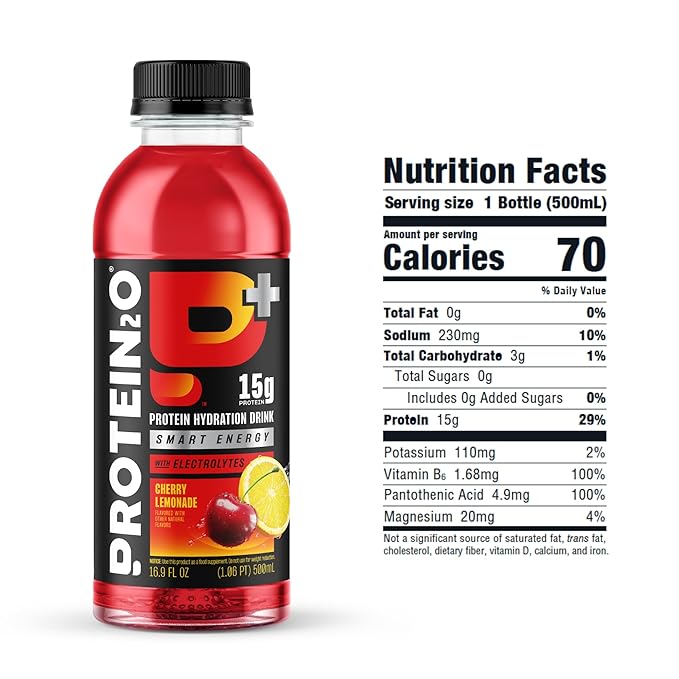 Protein2o 15g Whey Protein Isolate Hydration Drink Plus Energy & Focus, 350mg of Electrolytes, 125mg of Caffeine, Sugar Free, Cherry Lemonade, 16.9 oz Bottle (Pack of 12)