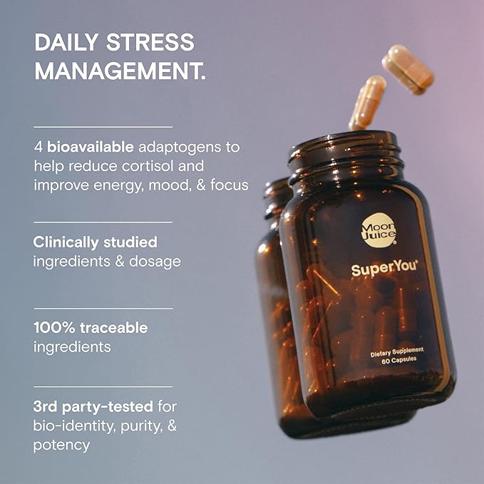 Moon Juice - SuperYou - Bottle (60 Capsules) - Energy, Mood & Focus - Organic Ashwagandha Supplements - Cortisol Reducer - Reusable Glass Bottle - 3rd Party Tested - 100% Traceable - Vegan & Non GMO