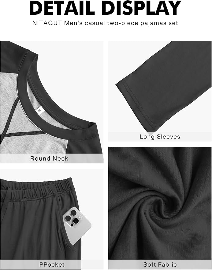NITAGUT Men's Pajama Set Long Sleeve Sleepwear 2 Piece Loungewear with Pockets Soft Comfy Nightwear