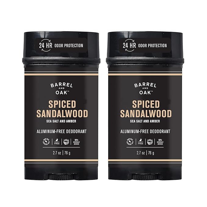 Barrel & Oak Aluminum Free Deodorant for Men, Natural Men's Deodorant with Sea Salt & Amber Essential Oil for Delicate Skin, Grooming Kit Gifts for Men, Spiced Sandalwood, 2.7 oz, 2-Pack