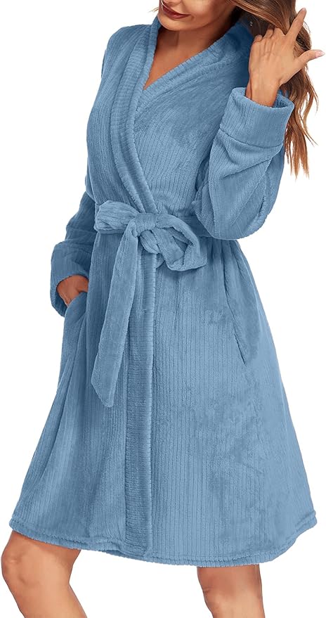 Ekouaer Women's Robes Short Plush Bathrobe Knee Length Warm Soft Jacquard Robe Winter House Coat with Pockets S-XXL