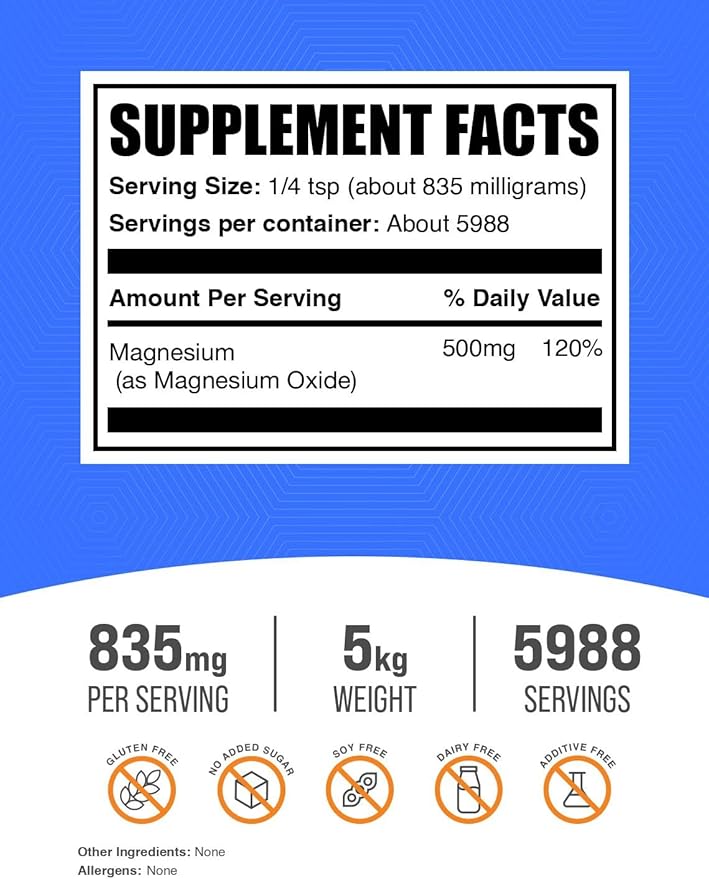 BulkSupplements.com Magnesium Oxide Powder - Magnesium Oxide Supplement, Mineral Supplement - Food Grade & Gluten Free, 835mg per Serving, 5kg (11 lbs) (Pack of 5)