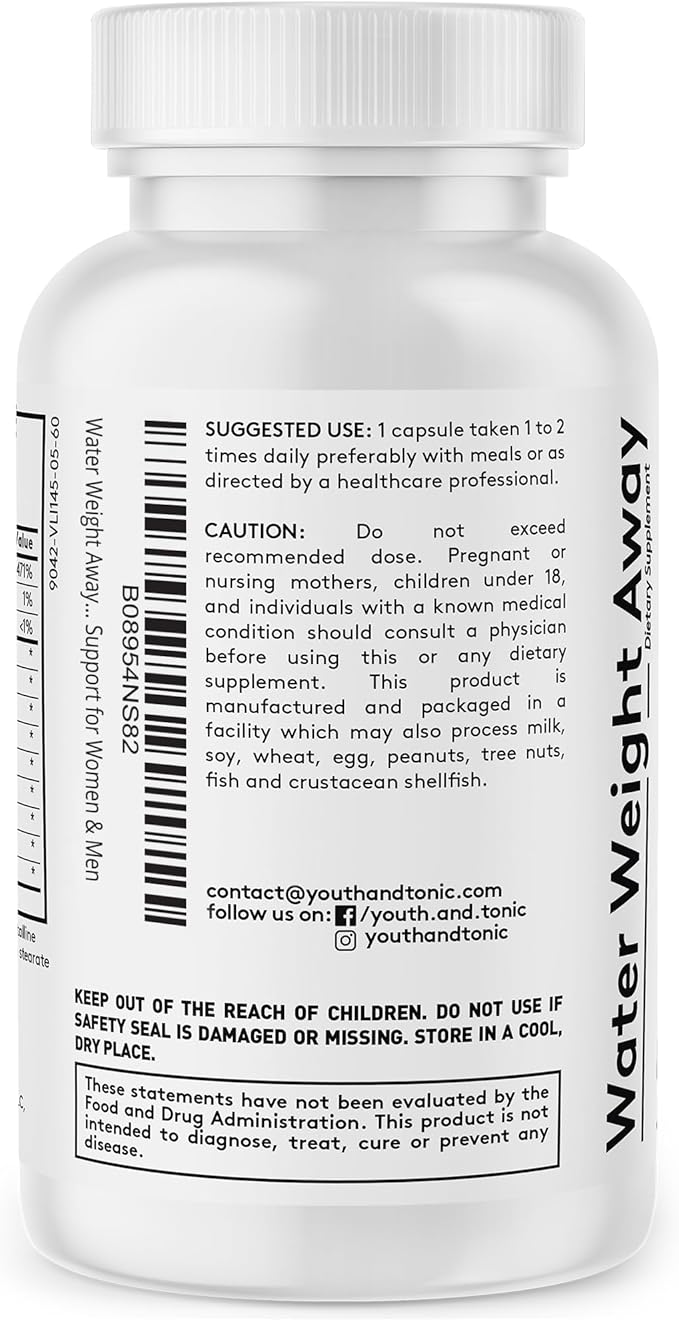 Youth & Tonic Natural Water Weight Away Pills for Swelling Water Retention & Belly Bloating - Herbal Diuretic Supplement for Women & Men - 30 Capsules w/Potassium Caffeine Free