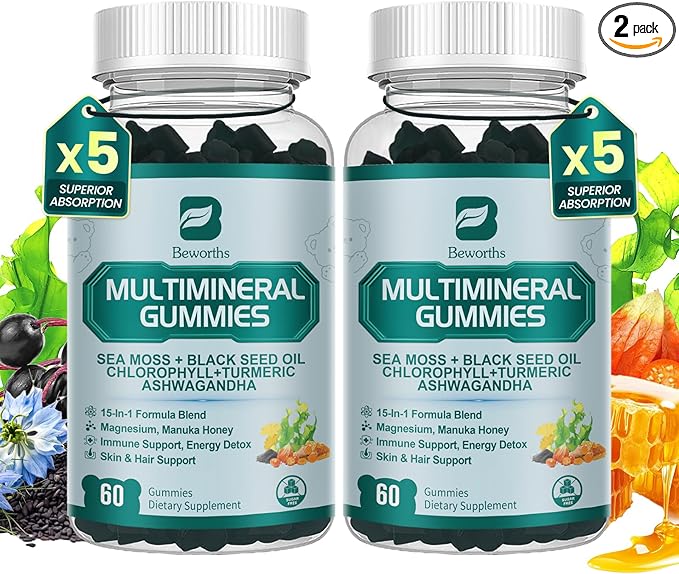 Sea Moss Gummies | Black Seed Oil Ashwagandha Chlorophyll | with Turmeric, Magnesium, Elderberry, Manuka Honey - Irish Sea Moss Gummy for Immune & Digestive, Gut Detox Support | Vegan, 120