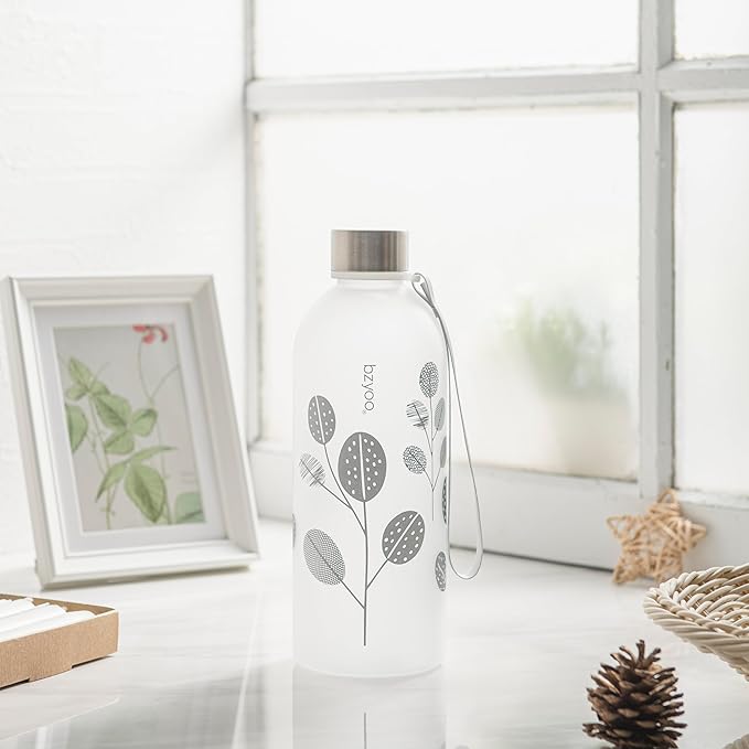 bzyoo 32oz 1 Liter Clear Water Bottle with Time Marker, Leaf Design, Durable Plastic, BPA-Free, Reusable with Measurement Markings for Fitness and Outdoor Activities (Color: Silver)