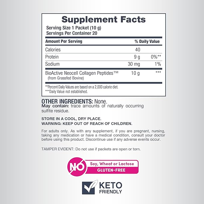 NeoCell Super Collagen Peptides, 10 g Collagen/Single-Serve Packet; Keto Certified, Gluten Free; for Healthy Skin, Hair, Nails and Joint Support;* Unflavored Powder, 20 Servs, 7 Oz.