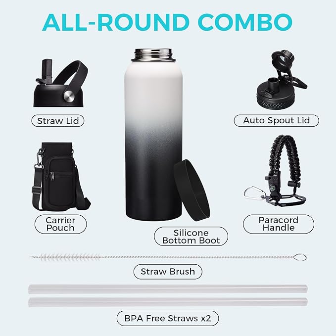 Insulated Water Bottle 40OZ - Cold-48h Hot-24h, Sweat-Proof, Large Stainless Water Bottle with Paracord Handle, Straw Spout Lid, Carrying Pouch & Protective Boot, Office Gym Flask Waterbottle