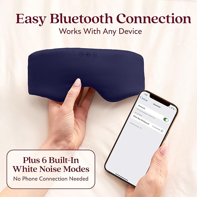 SilkSound 100% Mulberry Silk Bluetooth Sleep Mask for Side Sleepers, Sleeping Eyemask with Bluetooth Headphones, Eye Mask Headphones, Sleep Headphones for Side Sleepers, White Noise Head Phones