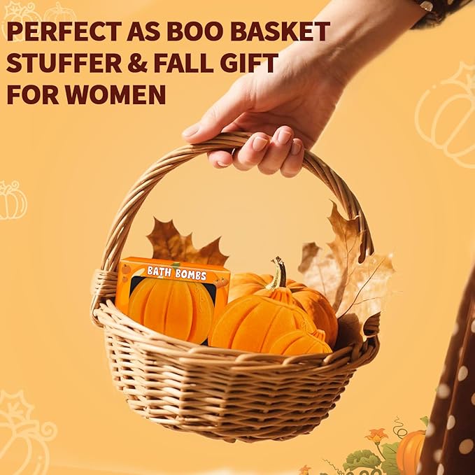 Pumpkin Spice Bath Bombs Gifts for Women&Men-Halloween Boo Spooky Basket Stuffers Giftable Packaging, Natural Organic Relaxing, Vanilla/Coffee/Cinnamon/Nutneg Scent, Pumpkin Shaped Fall Gifts