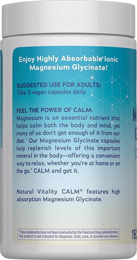 Natural Vitality Calm, Magnesium Glycinate Supports Bone, Muscle, Heart, & Nerve Health, Non-GMO, Vegan, Gluten Free 180ct