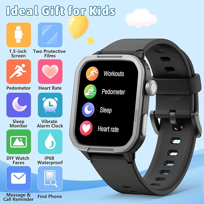 Kids Smart Watch for Boy Girl, Kids Watches with 19 Sport Modes, Heart Rate, Sleep Monitor, Pedometer, Alarm Clock, IP68 Waterproof Fitness Tracker, Gift for 6-16 Year Old Boys Girls Toys (Black)