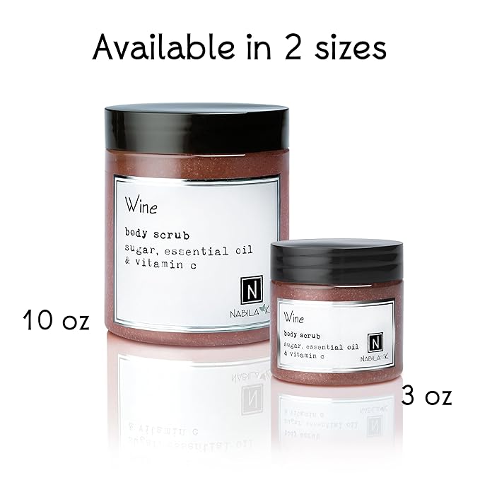 Wine Body Scrub Made in USA with Essential Oil and Vitamin C by Nabila K - Exfoliate and Moisturize for Smooth Skin - Luxury for Women & Men, 3 oz