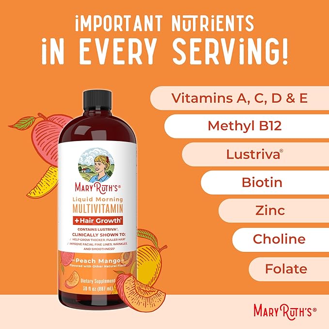MaryRuth Organics Liquid Multivitamin+Hair Growth | Clinically Tested for Thicker Hair & Facial Wrinkles in Women | Biotin 10000mcg | Lustriva Hair Growth Supplement | Skin Care | Age 18+ | 30 Fl Oz