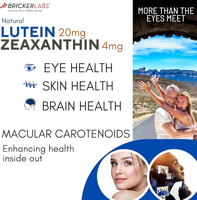 Bricker Labs Natural Lutein + Zeaxanthin Eye Supplement – Supports Eye, Brain, and Skin Health with Macular Carotenoids, Superior Bioavailability, AREDS2 Chosen Lutein Source – 60 Soft Gels