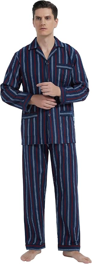 GLOBAL Men's Pajamas Sets 100% Cotton Flannel Sleepwear Long-Sleeve top & Bottom
