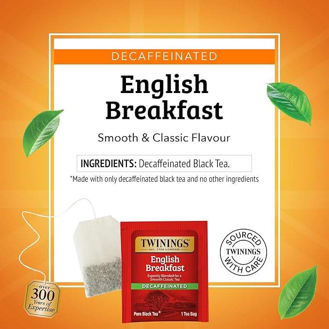 Twinings Decaffeinated English Breakfast Black Tea Individually Wrapped Bags, 25 Count (Pack of 6), Flavourful, Robust, Enjoy Hot or Iced, 150 Teabags