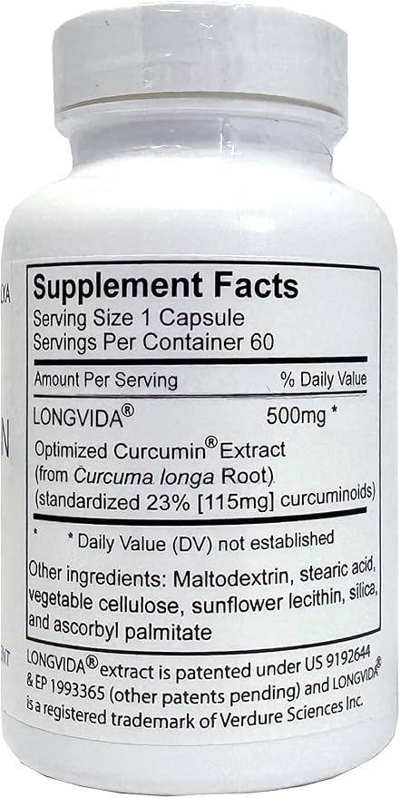 Longvida Curcumin 500 mg 60 Capsules - High Absorption 285x More Bioavailable Curcumin Supplement Non-GMO, Vegan & Gluten Free 60 Servings