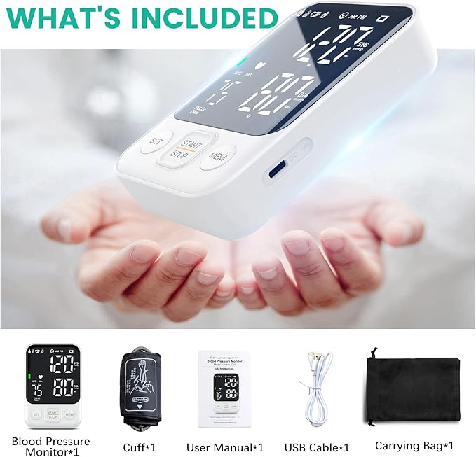 Blood Pressure Monitor Upper Arm Monitors for Home Use BP Machine with 2x120 Reading Memory Adjustable Arm Cuff 8.7"-15.7" Large Display with LED Background Light Storage Bag White