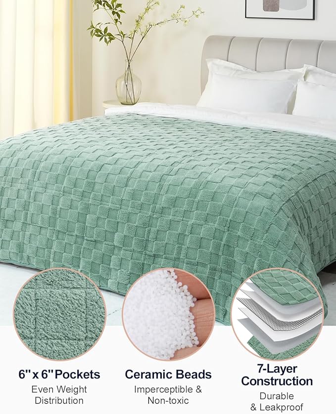 Kivik Weighted Blanket for Adult, 15 lbs Checkered Throw Blankets, Soft Dual Sided Heavy Fleece Checkerboard Blanket for Couch Sofa Bed, Twin Size 48 x 72 Inches, Sage Green
