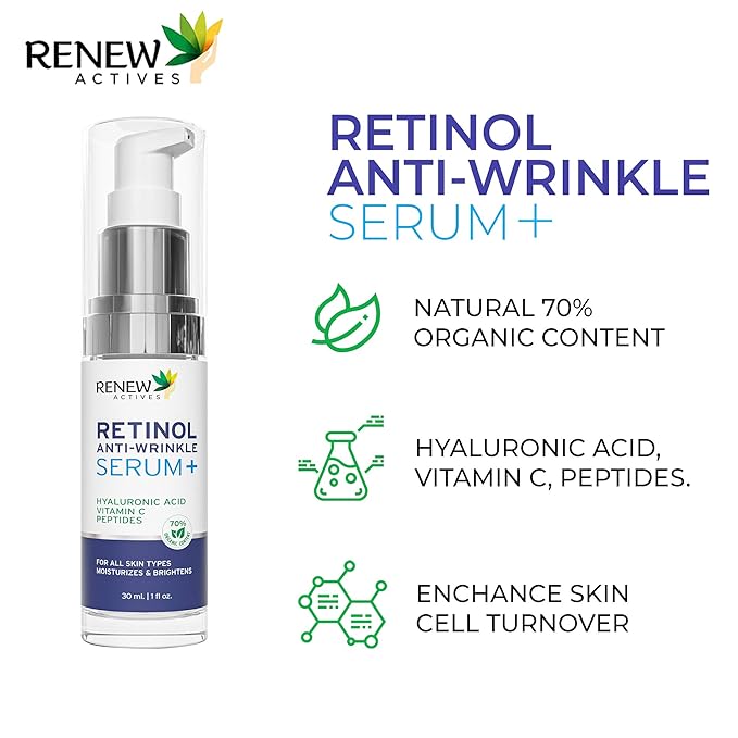 RENEW ACTIVES Retinol Facial Serum with Hyaluronic Acid & Vitamin C – Hydrating & Nourishing Formula for Youthful Skin – Reduces Fine Lines & Wrinkles – For All Skin Types – Made in Canada – 30ml